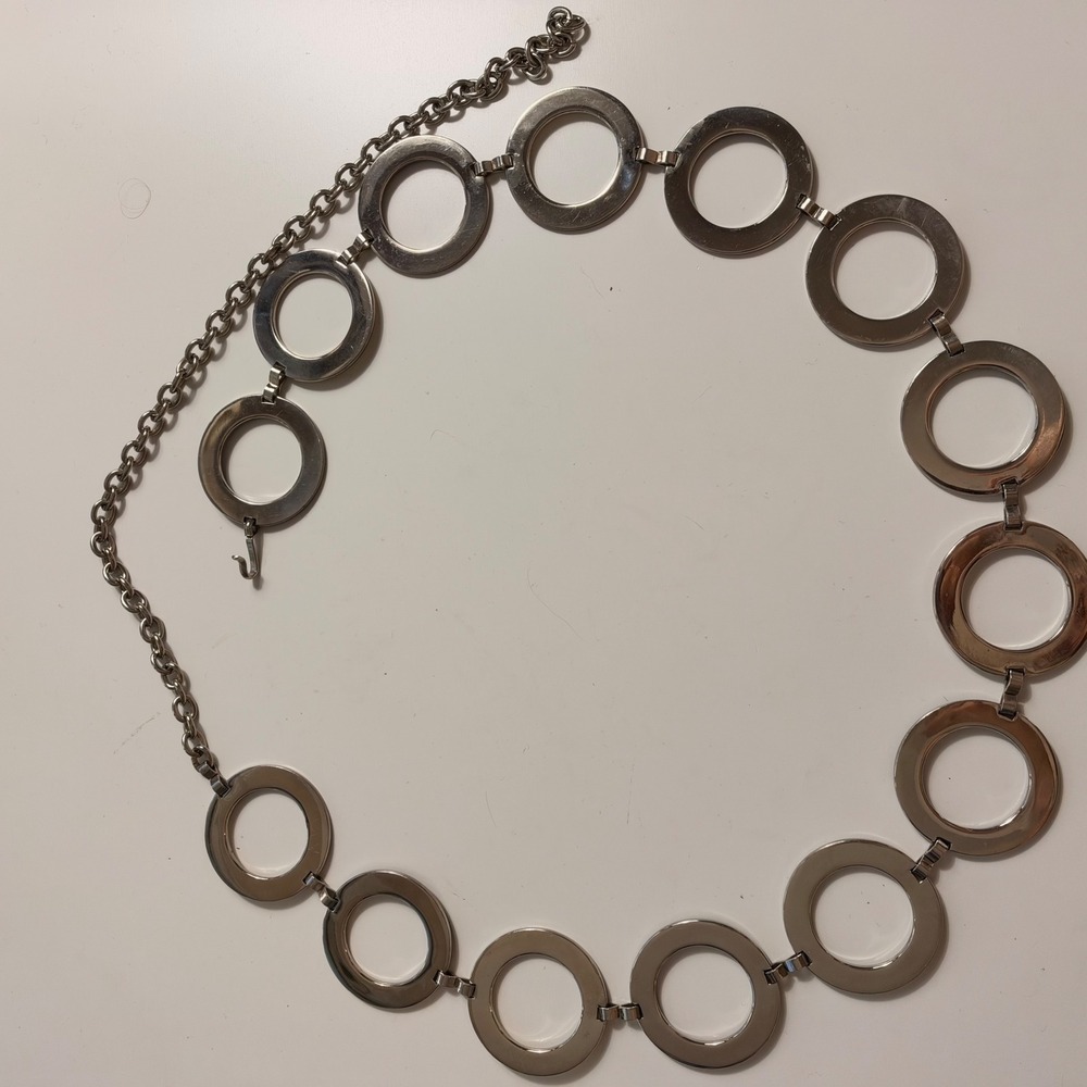 Vintage Mod Black Cream Enamel Circle Link Chain Belt Silver Tone Adjustable - Picture 4 of 4